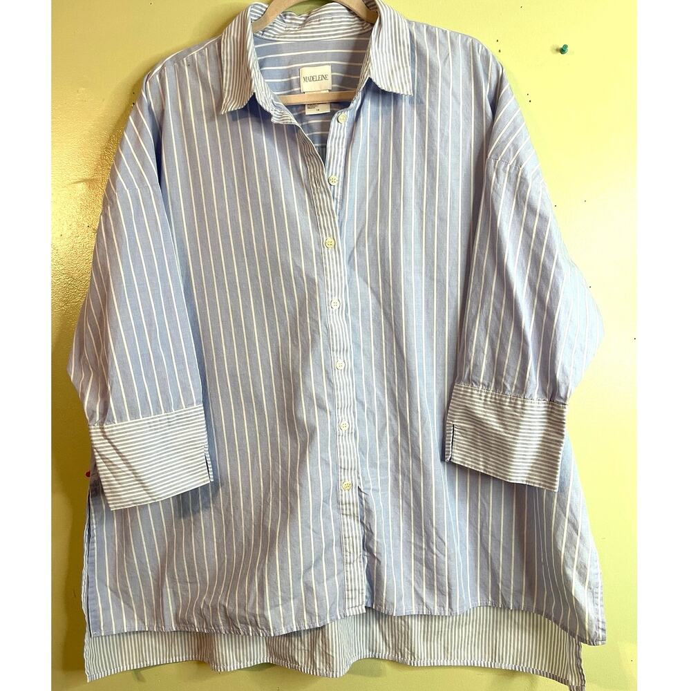 MADELEINE Mode GmbH Blue & White Striped Button Up 3/4 Sleeve Shirt | Size 16